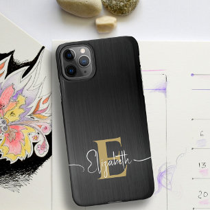 Moderne gebürstete metallische schwarze Gold-Monog iPhone 16 Hülle