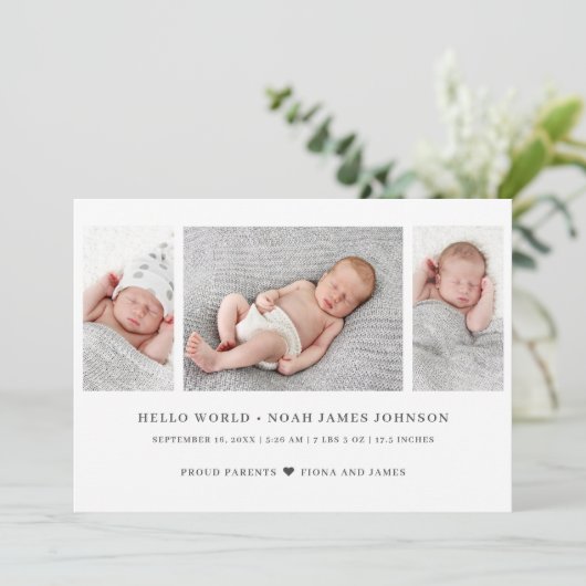 Moderne Geburtsankündigung 3 Fotos Collage Card (Stehend Vorderseite)