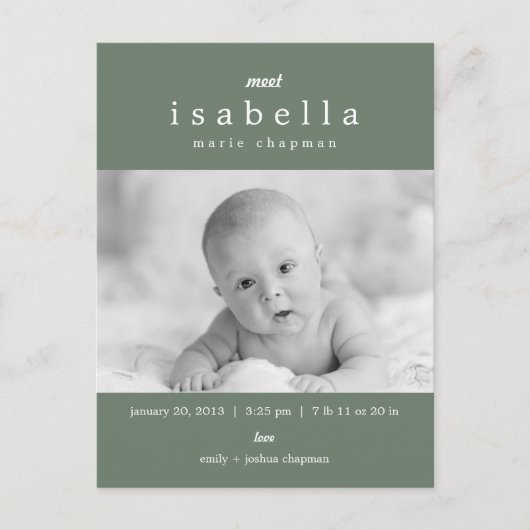 MODERNE Geburtsankündigung Ankündigungspostkarte (Vorderseite)