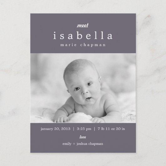 MODERNE Geburtsankündigung Ankündigungspostkarte (Vorderseite)