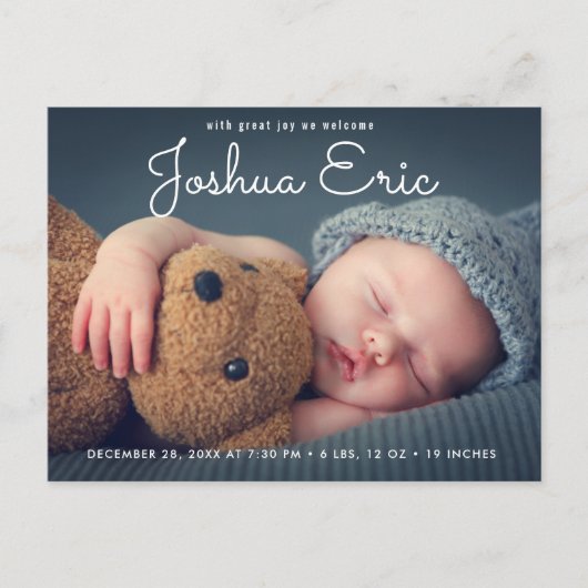 Moderne Geburtsankündigung Foto-Overlay Postkarte (Vorderseite)