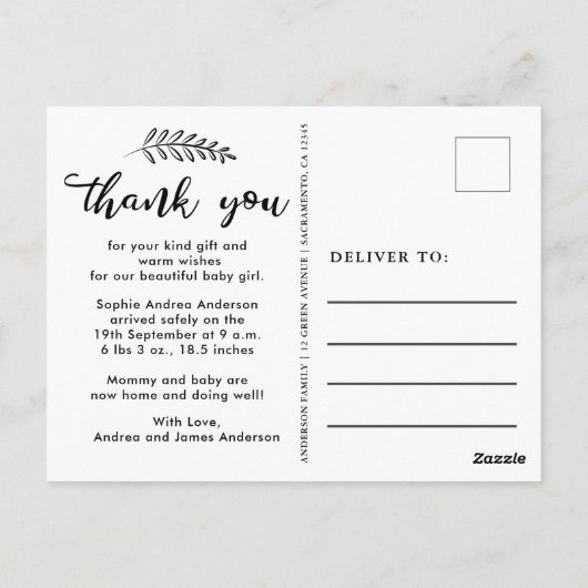 Moderne Geburtsankündigung Vielen Dank Postkarte (Rückseite)