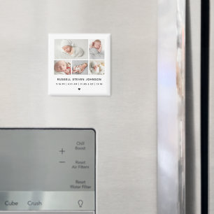 Moderne Geburtsanzeige mit 5 Fotos auf einem Raste Magnet
