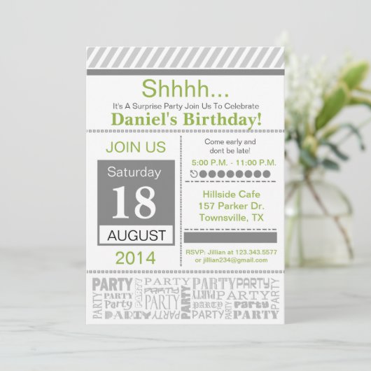 Moderne Geburtstagsparty Einladung Grundgrau (Stehend Vorderseite)