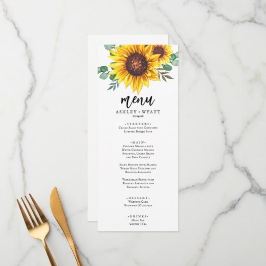 Moderne Gelbblütenhochzeit Menükarte (Vorderseite/Rückseite Beispiel)