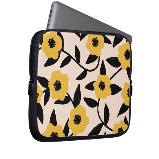 Moderne Gelbe Blumen Schwarzes Blätter Muster Laptopschutzhülle (Vorne Rechts)
