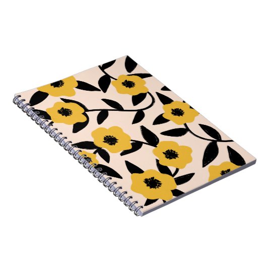 Moderne Gelbe Blumen Schwarzes Blätter Muster Notizblock (Rechte Seite)