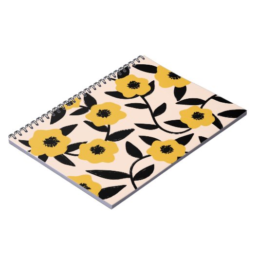 Moderne Gelbe Blumen Schwarzes Blätter Muster Notizblock (Linke Seite)