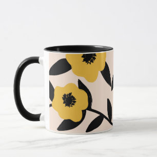 Moderne Gelbe Blumen Schwarzes Blätter Muster Tasse
