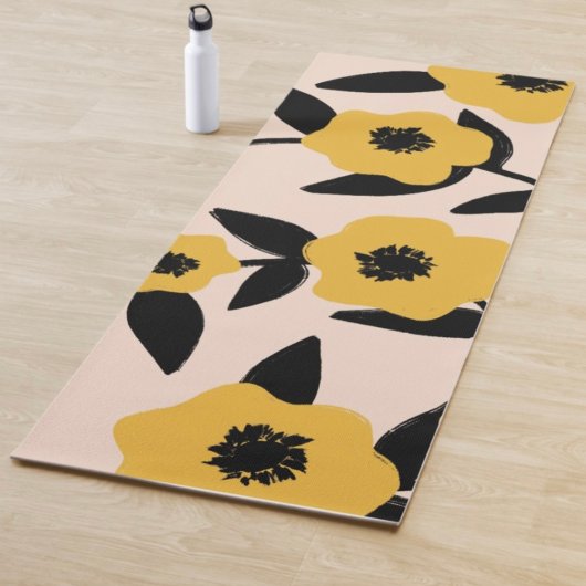 Moderne Gelbe Blumen Schwarzes Blätter Muster Yogamatte