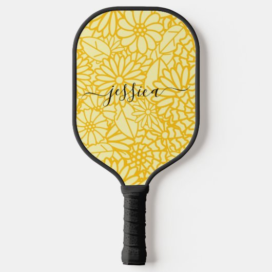 Moderne gelbe Blumenschrift Name Pickleball Paddel Schläger (Rückseite)