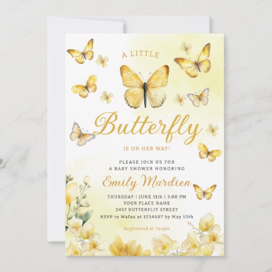 Moderne gelbe Blütenschmetterling-Girl-Babydusche Einladung (Vorderseite)