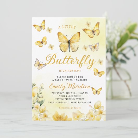 Moderne gelbe Blütenschmetterling-Girl-Babydusche Einladung (Stehend Vorderseite)