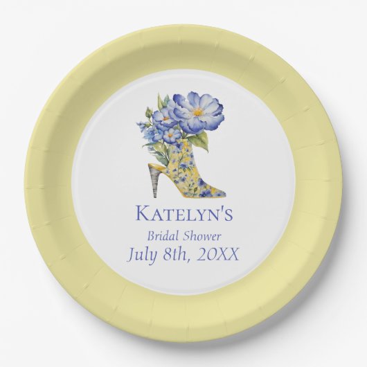 Moderne Gelbe Chinoiserie High-Heel Schuhe Pappteller (Vorderseite)