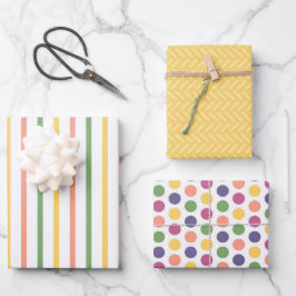 Moderne gelbe, grüne, orange Streifen und Punkte Geschenkpapier Set