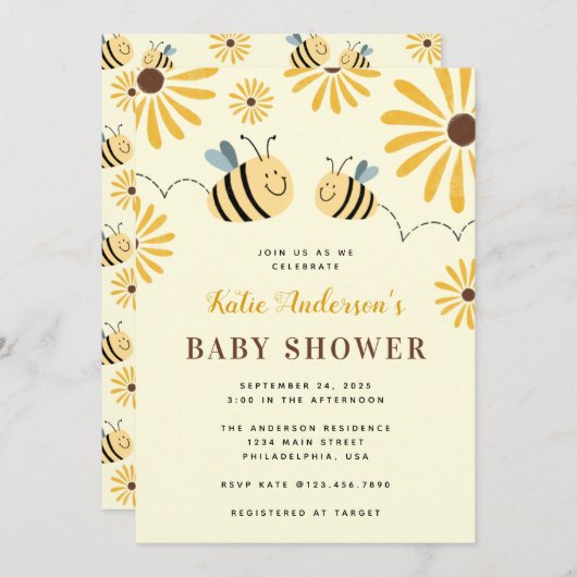 Moderne gelbe Hummel und Sonnenblumendusche Einladung (Vorne/Hinten)