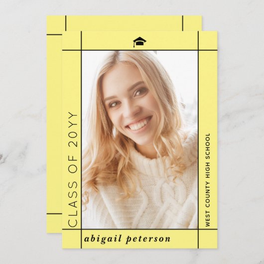 Moderne gelbe Klasse 2025 Abschluss Foto Ankündigung (Vorne/Hinten)