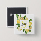 Moderne gelbe Lemonen Rahmen & Blätter mit Namen Button (Vorne & Hinten)
