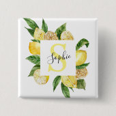 Moderne gelbe Lemonen Rahmen & Blätter mit Namen Button (Vorderseite)