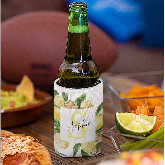 Moderne gelbe Lemonen Rahmen & Blätter mit Namen Dosenkühler