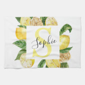 Moderne gelbe Lemonen Rahmen & Blätter mit Namen Geschirrtuch (Horizontal)