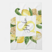 Moderne gelbe Lemonen Rahmen & Blätter mit Namen Geschirrtuch (Vertikal)