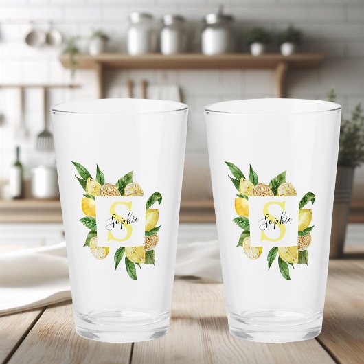 Moderne gelbe Lemonen Rahmen & Blätter mit Namen Glas