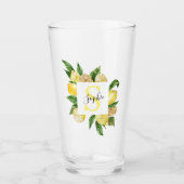 Moderne gelbe Lemonen Rahmen & Blätter mit Namen Glas (Vorderseite)