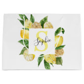 Moderne gelbe Lemonen Rahmen & Blätter mit Namen Große Geschenktüte (Vorderseite)