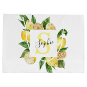 Moderne gelbe Lemonen Rahmen & Blätter mit Namen Große Geschenktüte (Rückseite)