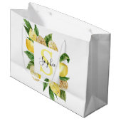 Moderne gelbe Lemonen Rahmen & Blätter mit Namen Große Geschenktüte (Vorderseite Schrägansicht)