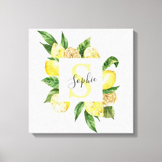 Moderne gelbe Lemonen Rahmen & Blätter mit Namen Leinwanddruck (Vorderseite)