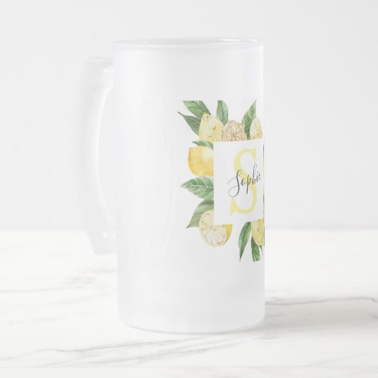 Moderne gelbe Lemonen Rahmen & Blätter mit Namen Mattglas Bierglas (Vorderseite Links)