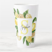 Moderne gelbe Lemonen Rahmen & Blätter mit Namen Milchtasse (Vorderseite)