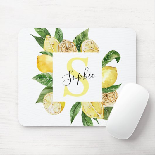 Moderne gelbe Lemonen Rahmen & Blätter mit Namen Mousepad (Mit Mouse)