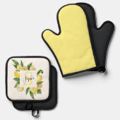 Moderne gelbe Lemonen Rahmen & Blätter mit Namen Ofenhandschuh & Topflappen-Set (Vorderseite/Rückseite)