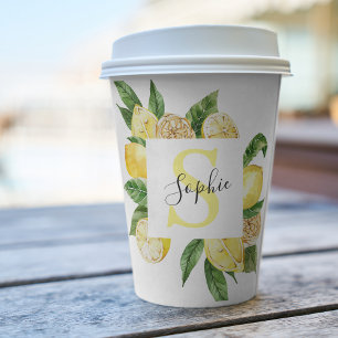 Moderne gelbe Lemonen Rahmen & Blätter mit Namen Pappbecher