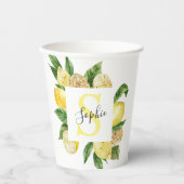 Moderne gelbe Lemonen Rahmen & Blätter mit Namen Pappbecher (Vorderseite)