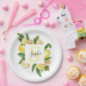 Moderne gelbe Lemonen Rahmen & Blätter mit Namen Pappteller (Party)