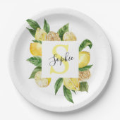 Moderne gelbe Lemonen Rahmen & Blätter mit Namen Pappteller (Vorderseite)