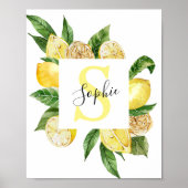 Moderne gelbe Lemonen Rahmen & Blätter mit Namen Poster (Vorne)