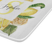Moderne gelbe Lemonen Rahmen & Blätter mit Namen Schneidebrett (Ecke)