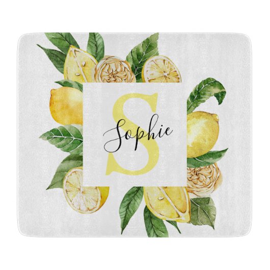 Moderne gelbe Lemonen Rahmen & Blätter mit Namen Schneidebrett (Vorderseite)