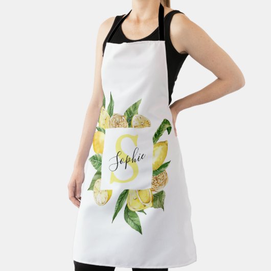 Moderne gelbe Lemonen Rahmen & Blätter mit Namen Schürze (InSitu)