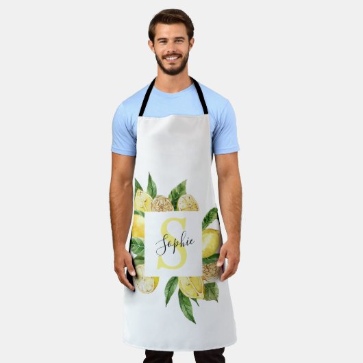 Moderne gelbe Lemonen Rahmen & Blätter mit Namen Schürze (Getragen)