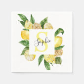 Moderne gelbe Lemonen Rahmen & Blätter mit Namen Serviette (Vorderseite)