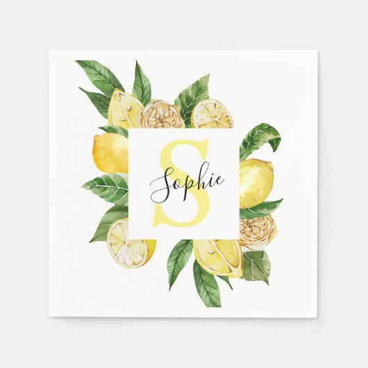 Moderne gelbe Lemonen Rahmen & Blätter mit Namen Serviette (Vorderseite)