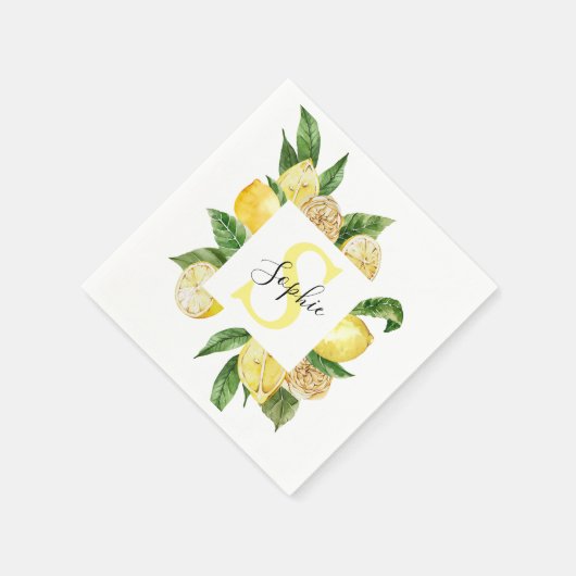 Moderne gelbe Lemonen Rahmen & Blätter mit Namen Serviette (Ecke)