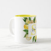 Moderne gelbe Lemonen Rahmen & Blätter mit Namen Zweifarbige Tasse (Vorderseite Links)