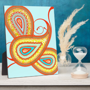 Moderne gelbe orange aqua mint Paisley-Geschenke Fotoplatte